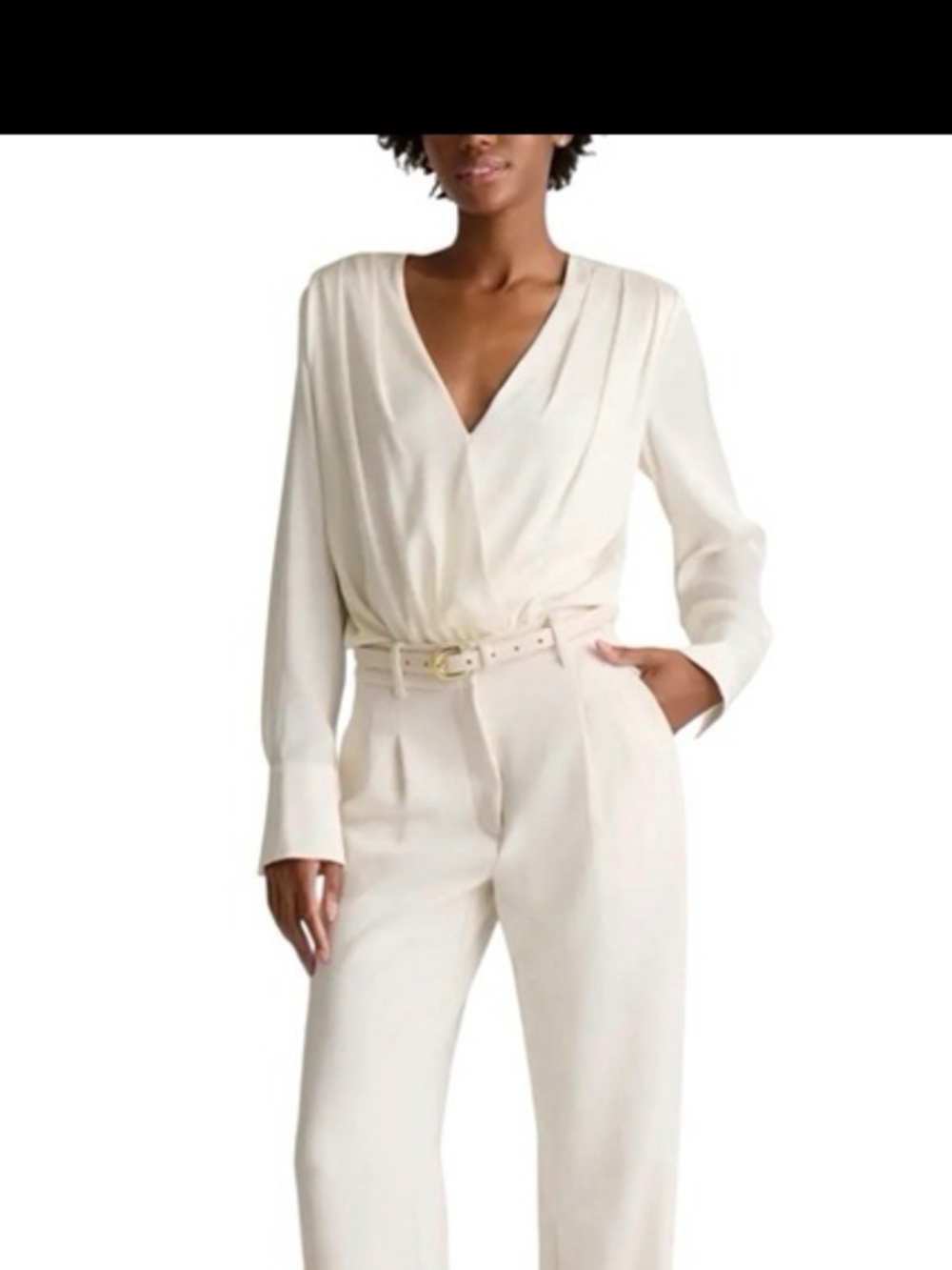 Quince Washable Stretch Silk Surplice Bodysuit Large Ivory Long Sleeved Top